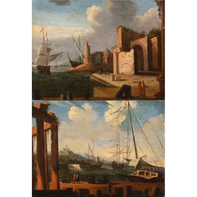 ECOLE ITALIENNE fin XVIIIè. « Paire de paysages de bord de m… - Photo 1