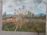 a painting of a tree in a field next to a painting of a house