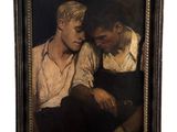 une peinture à l'huile représentant deux jeunes hommes assis l'un à côté de l'autre