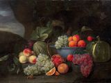 a painting of a bowl of fruit on a table