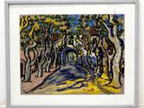 une image représentant un tableau avec des arbres et une route, dans un cadre blanc