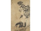 a painting of a squirrel on a hill with a tree in the background