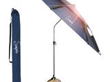 un parapluie bleu posé sur un support, avec un sac bleu