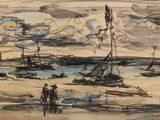 drawing of a group of people standing on a beach next to a body of water