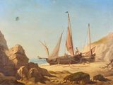 une peinture d'un bateau sur la plage au bord de l'eau