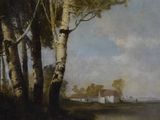 painting of a landscape with a house and trees in the foreground