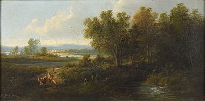 tableau représentant un paysage avec une rivière et un homme à cheval