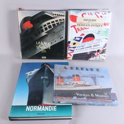 three books on a white table with a boat in the background