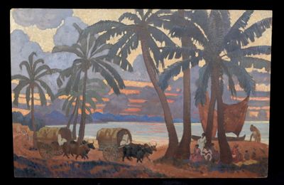 a picture of a painting of a man riding a horse and cart