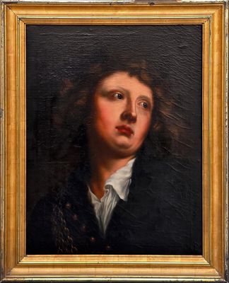 an oil painting of a young boy in a black jacket and white shirt