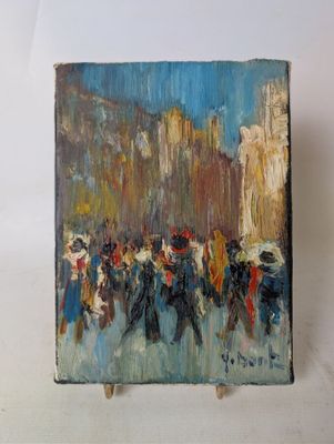 painting of a painting of a crowd of people walking down a street