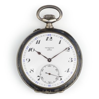 a silver pocket watch with roman numerals on it