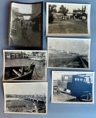 plusieurs vieilles photos en noir et blanc représentant des personnes et des bateaux sur un fond bleu