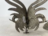 pair of antique silver plated rooster figurines on stand