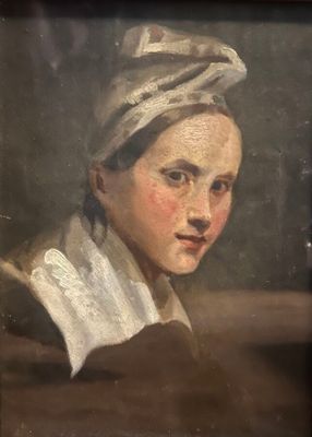portrait d'une jeune femme coiffée d'un turban, près d'une fenêtre
