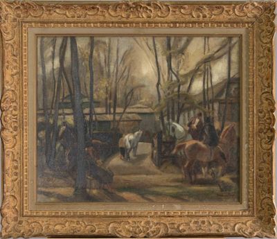 painting of a group of people riding horses in a wooded area
