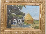 painting of two horses pulling a wagon with a hay bale in the background