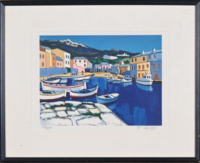 a painting of boats in a harbor with buildings in the background