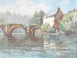 un tableau représentant un pont enjambant une rivière, avec un bâtiment en arrière-plan