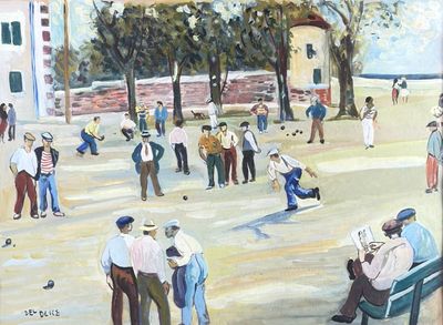 painting of a group of people playing baseball in a park