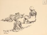 dessin représentant une femme et un enfant assis sur la plage, avec des bateaux en arrière-plan
