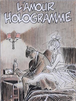 drawing of a man and a woman sitting in a bed with a lamp on