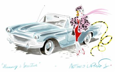 dessin représentant une femme vêtue d'un manteau à imprimé léopard, appuyée contre une voiture bleue