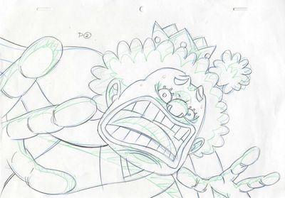 drawing of a cartoon character with a big grin on his face