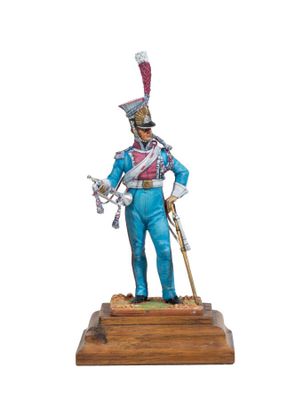 statue of a man in a blue uniform holding a sword