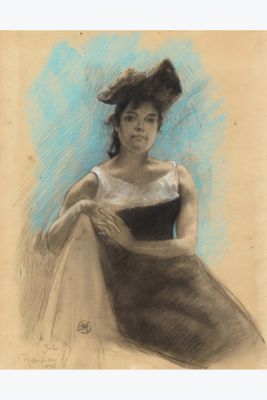 an image of a drawing of a woman in a black and white dress