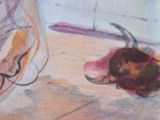 a drawing of a woman sitting on the floor next to a cat