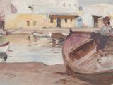 un tableau représentant un homme assis sur un bateau à l'eau