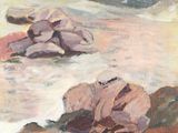 une peinture à l'huile représentant des rochers sur une plage au bord de la mer