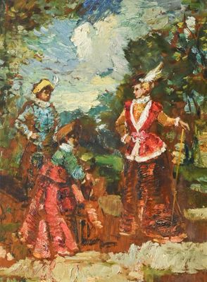 une image d'un tableau représentant un groupe de personnes dans un parc