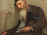 painting of an old man with a long beard sitting on a bench