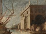 une peinture représentant un bateau sur un plan d'eau près d'un bâtiment