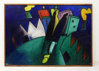 a painting of a man riding a skateboard on a hill