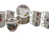 a lot of coffee cups and saucers with pictures on them