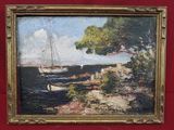 an oil painting of a sailboat on the water in a gold frame