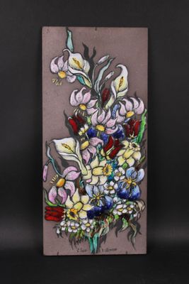 a painting of a bouquet of flowers on a brown background
