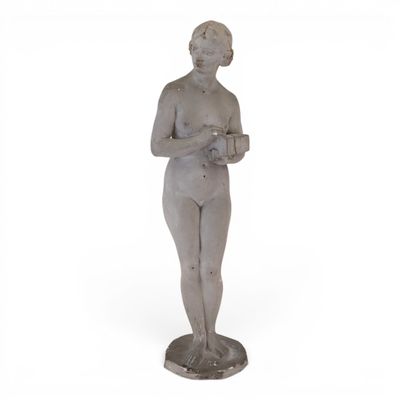 statue of a woman holding a cup of coffee on a white background