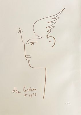 dessin représentant un homme avec un oiseau sur la tête et une étoile sur le front