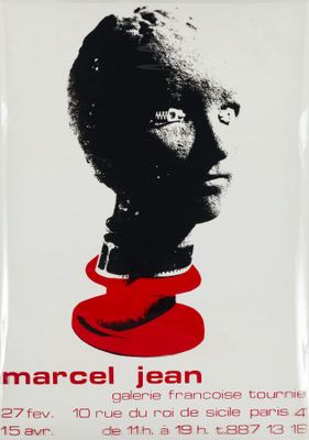 une affiche blanche sur laquelle figure le visage d'une femme, représenté en noir et rouge