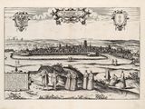 un vieux dessin représentant une vue d'une ville avec une rivière et un pont