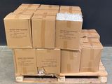 many boxes stacked on a pallet on the floor