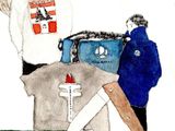a drawing of a man standing next to a pile of luggage