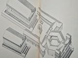 an open book with a drawing of a house and a building