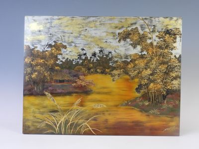 l'image d'une peinture représentant une rivière avec des arbres en arrière-plan