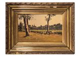 an oil painting of a landscape with trees and grass