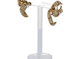 a close up of a pair of earrings on a stand